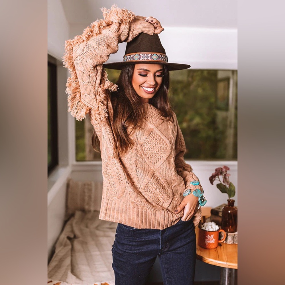 &merci 💕 Fringe Cable Knit Sweater